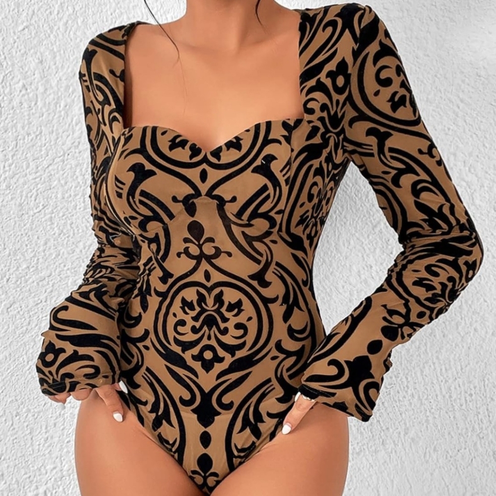SHEIN Tan and Black Patterned Sheer Bodysuit